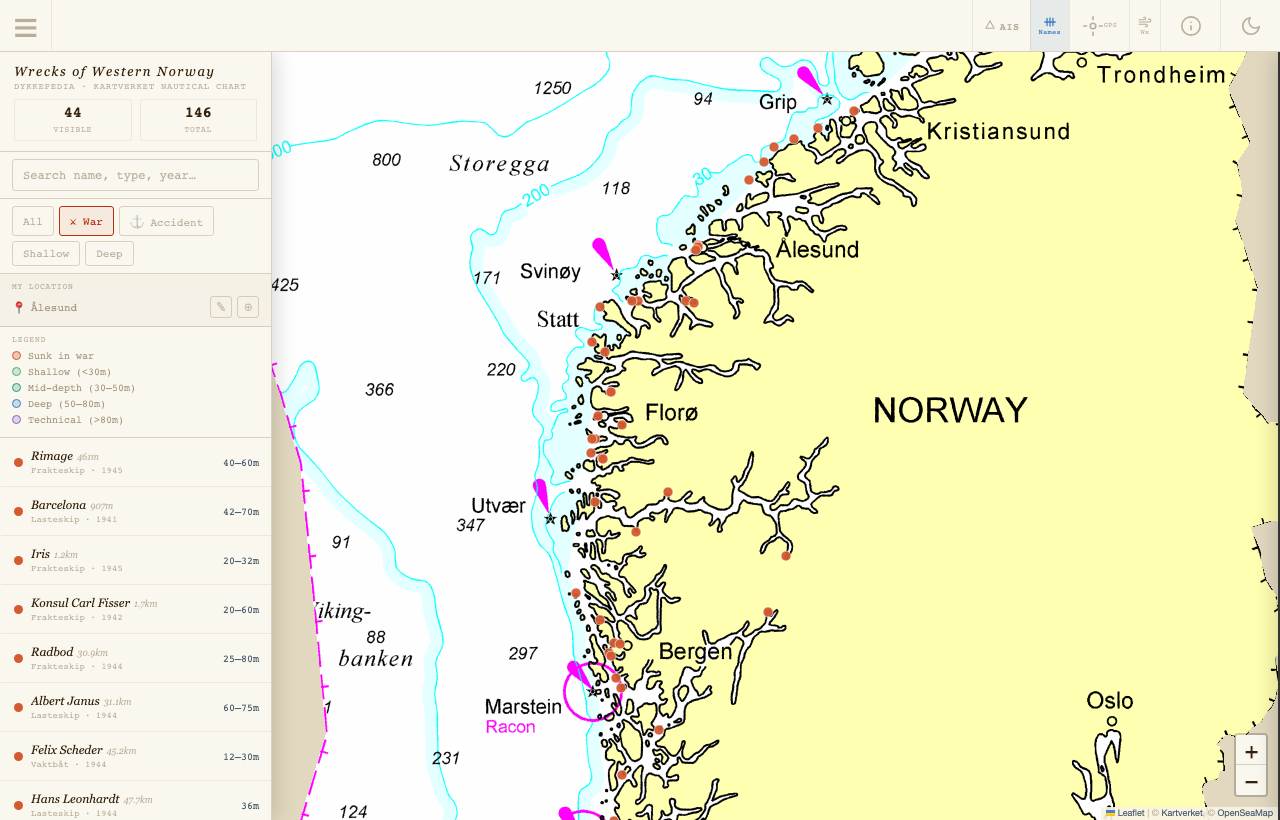 War filter active, showing only WWII wrecks
