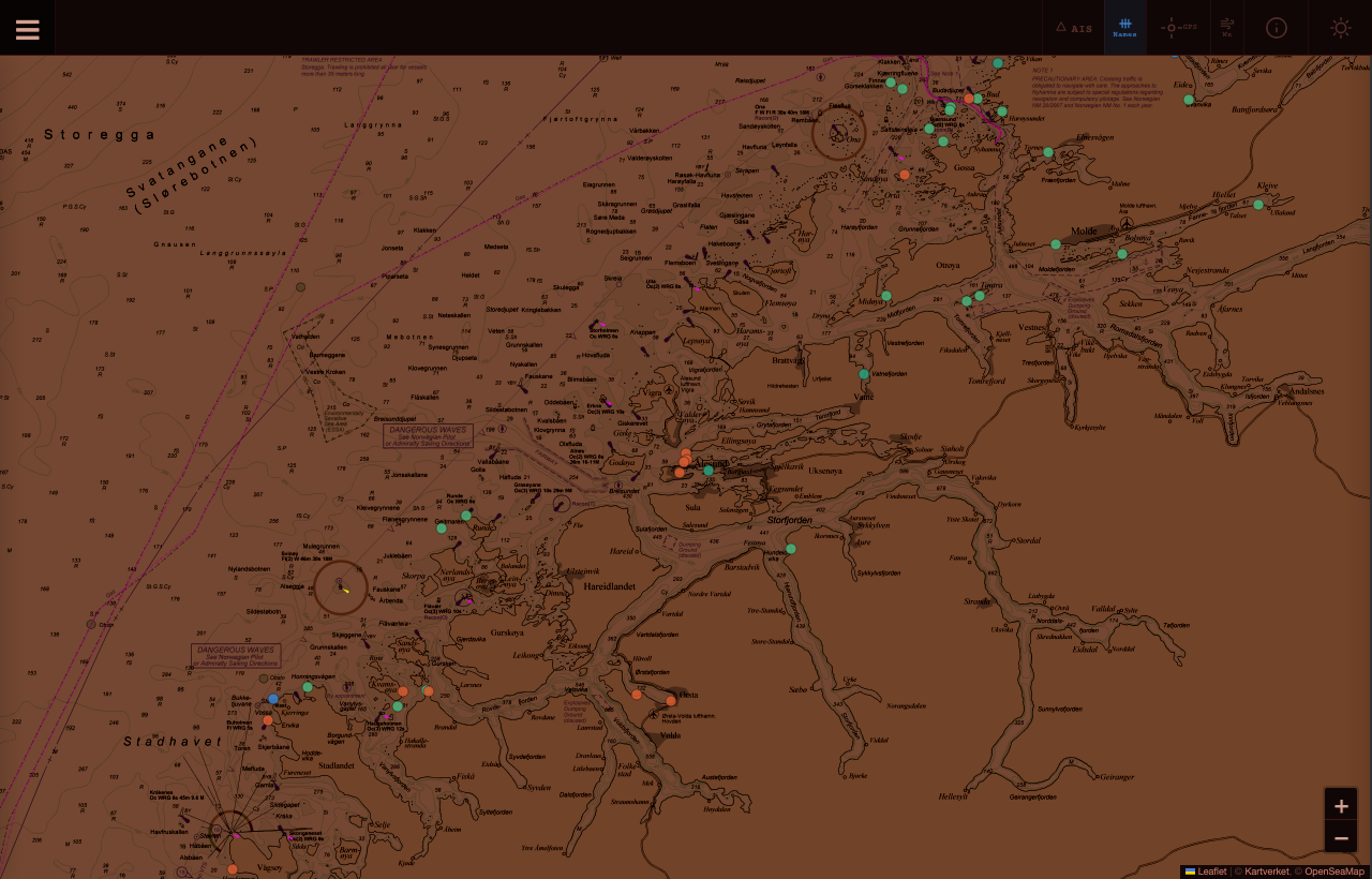 Wmap in dark night-vision mode with deep red chart