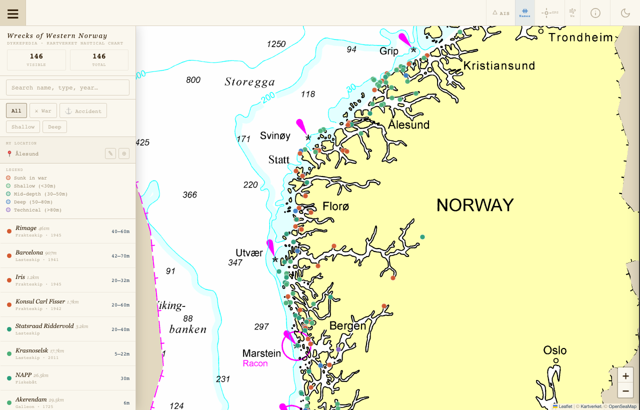 Wmap open with the wreck catalogue sidebar visible