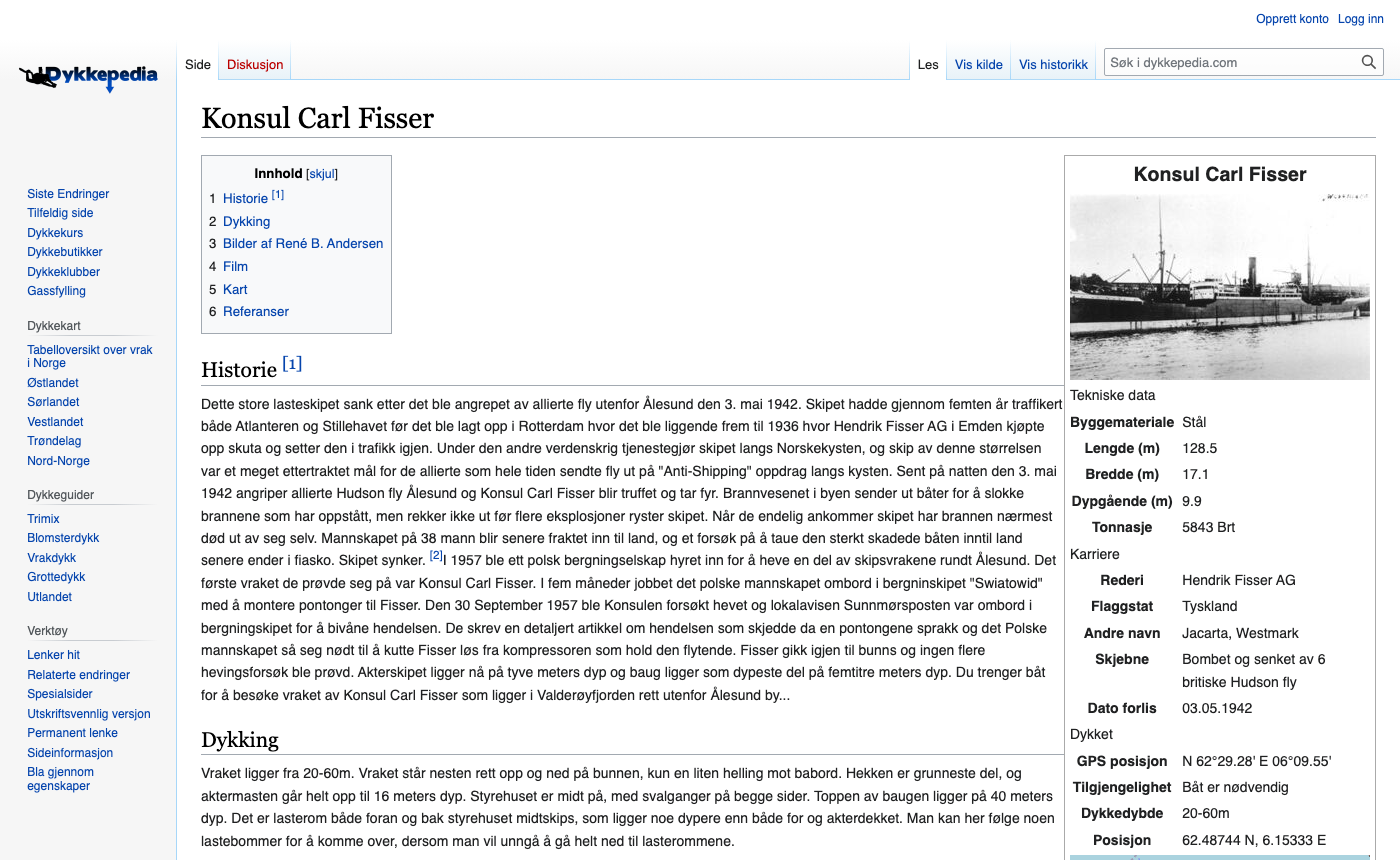 Dykkepedia article for Konsul Carl Fisser showing dive info, history, and vessel data
