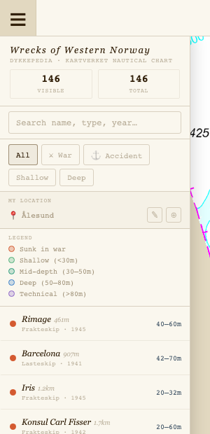 Catalogue sidebar showing My Location row with Ålesund