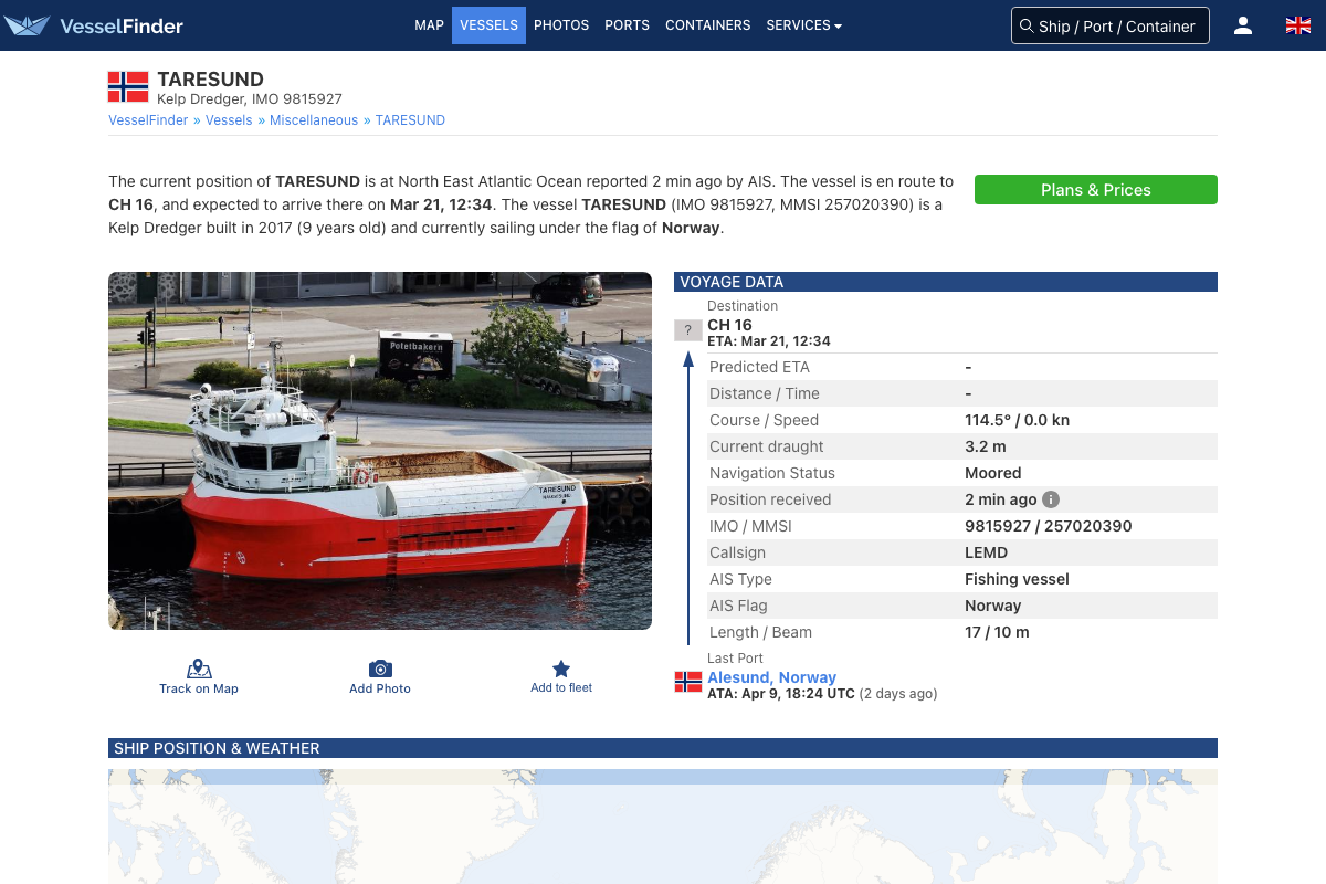 VesselFinder details page for TARESUND showing photo, voyage data, IMO and flag