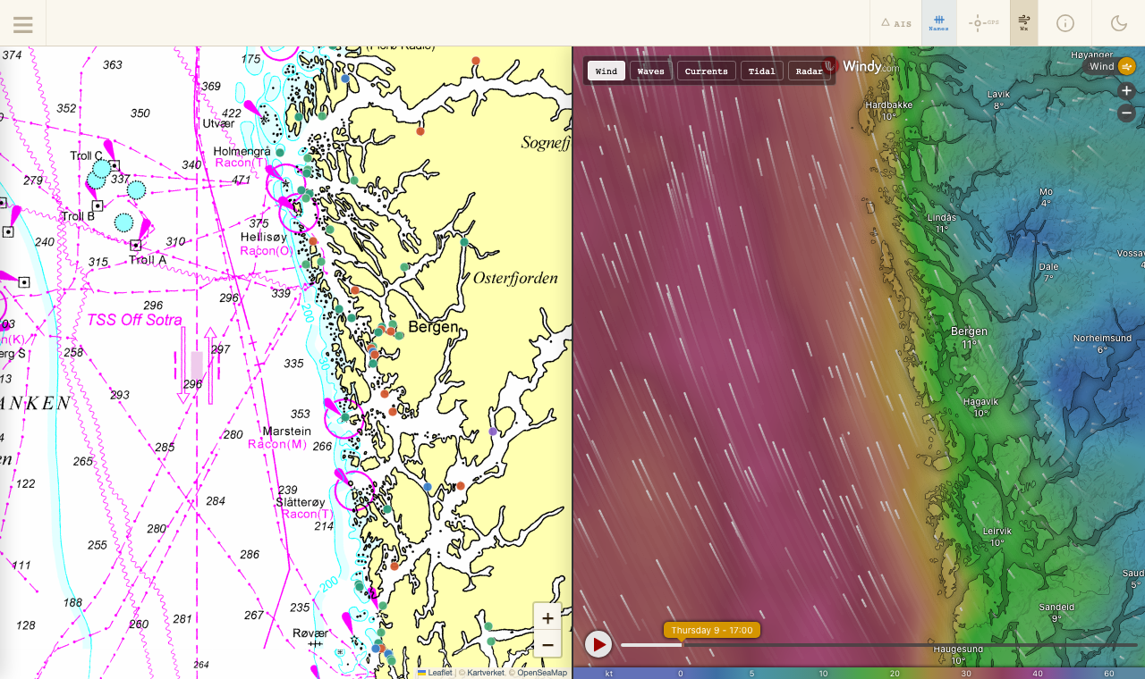 Split view showing nautical chart left and Windy wind overlay right