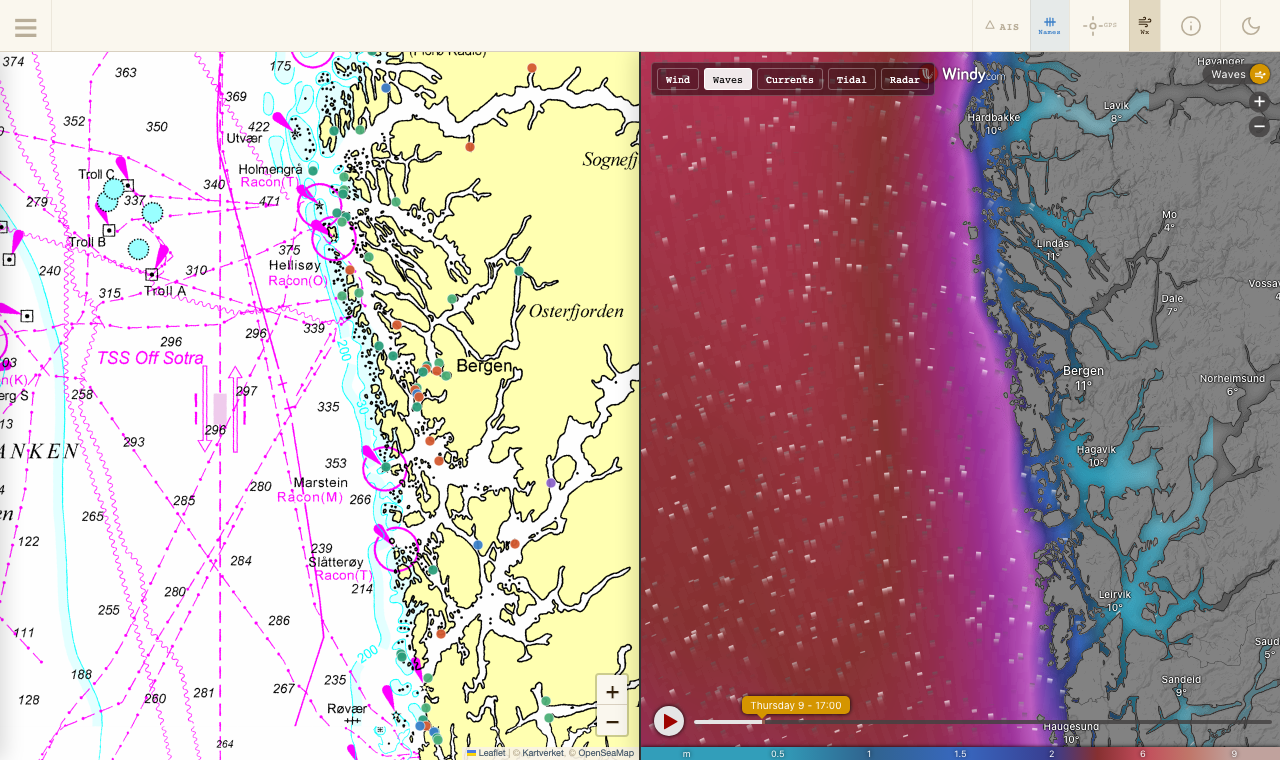 Split view showing nautical chart left and Windy wave height overlay right