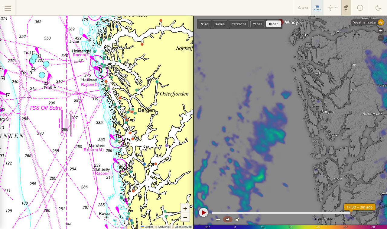 Split view showing nautical chart left and live precipitation radar right