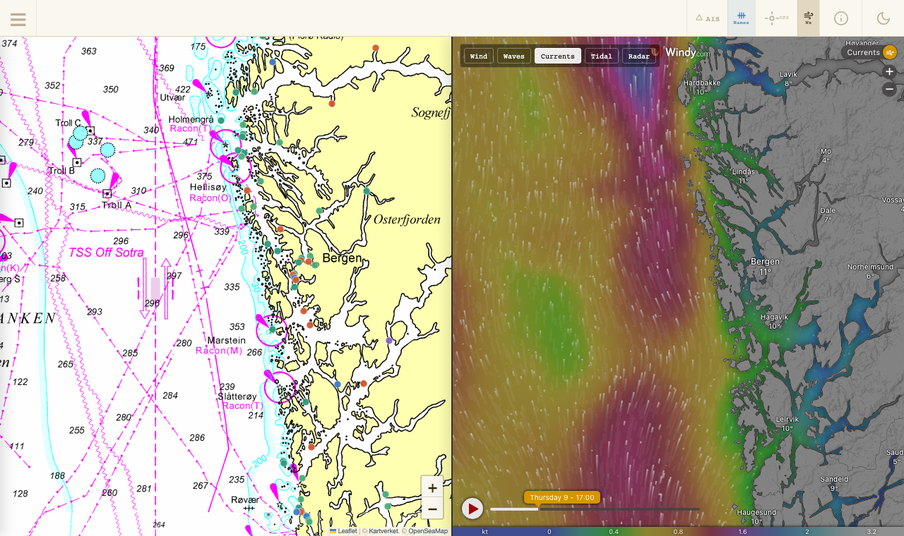 Split view showing nautical chart left and ocean surface currents right