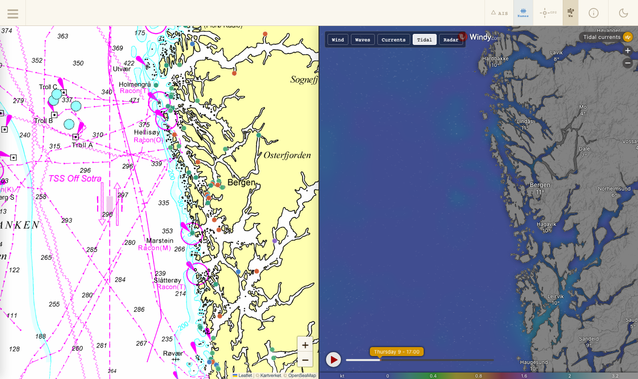 Split view showing nautical chart left and tidal current predictions right